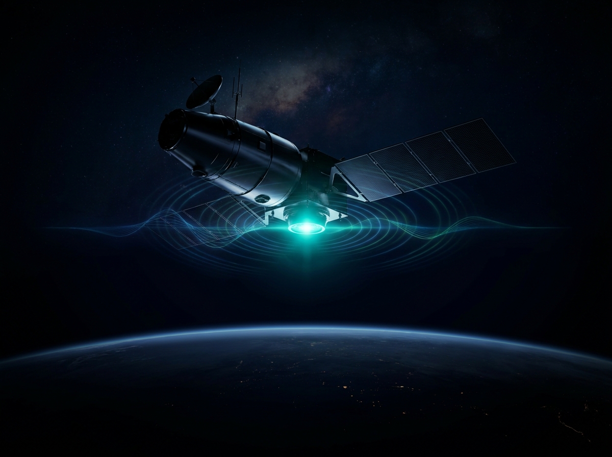 A satellite flags a telemetry deviation with a glowing anomaly pulse
